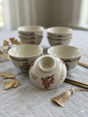 Vintage Style Ceramic Rice Bowls with Red Floral Longevity - Set of 8 Gold Rim